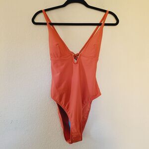 NWT Cupshe One Piece Woman Swimsuit Deep V Neck Shirring Orange Bathing Suit Med